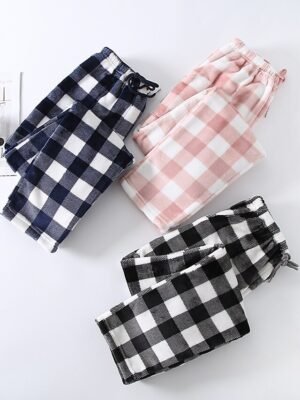 Fashion Simple Grid Elastic Waist Long Flannel Pajama Pants - Image 6