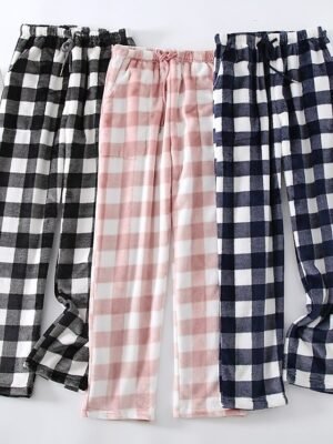 Fashion Simple Grid Elastic Waist Long Flannel Pajama Pants - Image 7