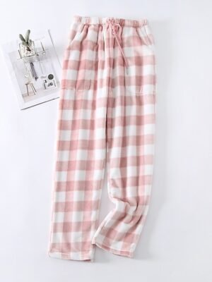 Fashion Simple Grid Elastic Waist Long Flannel Pajama Pants - Image 8