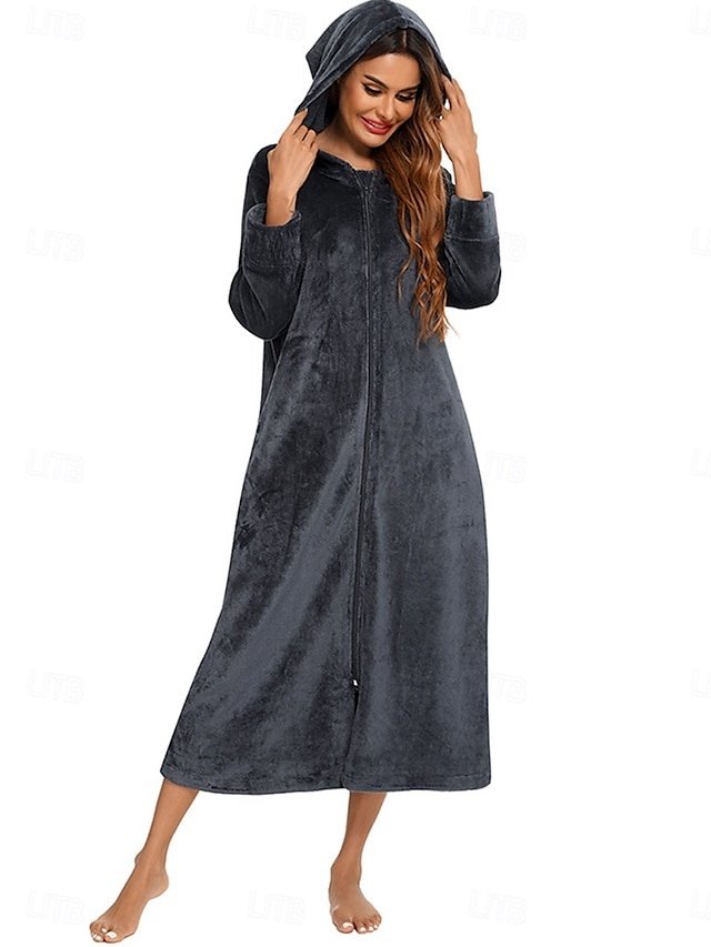 Fashion Simple Pure Colour Long Sleeve Fleece Robe - Image 2