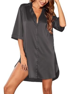 Fashion Simple V Neck Half Sleeve Satin Nightgown - Image 24