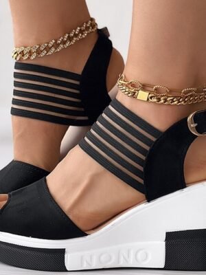 Fashionable Black Strappy Wedge Sandals - Image 2
