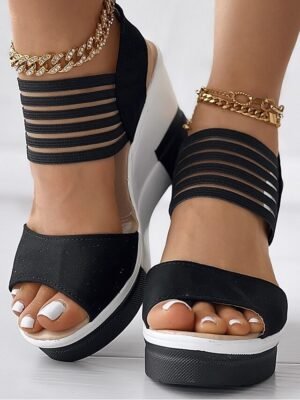 Fashionable Black Strappy Wedge Sandals - Image 3