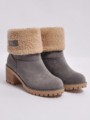 Faux Suede Ankle Fold-Over Cuff Block Heel Winter Boots - Image 11