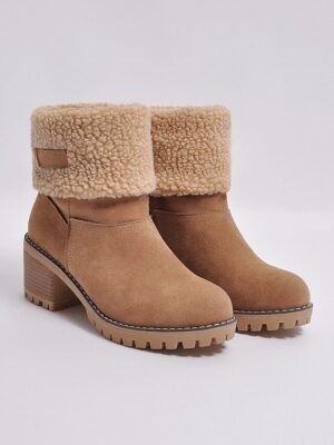 Faux Suede Ankle Fold-Over Cuff Block Heel Winter Boots - Image 12