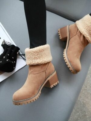 Faux Suede Ankle Fold-Over Cuff Block Heel Winter Boots - Image 13