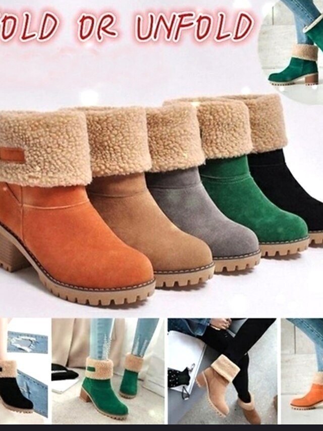 Faux Suede Ankle Fold-Over Cuff Block Heel Winter Boots - Image 2