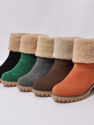 Faux Suede Ankle Fold-Over Cuff Block Heel Winter Boots - Image 3