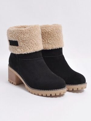 Faux Suede Ankle Fold-Over Cuff Block Heel Winter Boots - Image 4