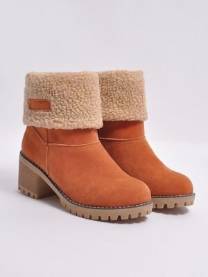 Faux Suede Ankle Fold-Over Cuff Block Heel Winter Boots - Image 5