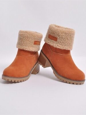 Faux Suede Ankle Fold-Over Cuff Block Heel Winter Boots - Image 6