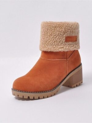 Faux Suede Ankle Fold-Over Cuff Block Heel Winter Boots - Image 7