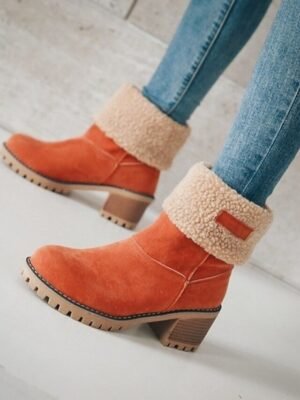 Faux Suede Ankle Fold-Over Cuff Block Heel Winter Boots - Image 9