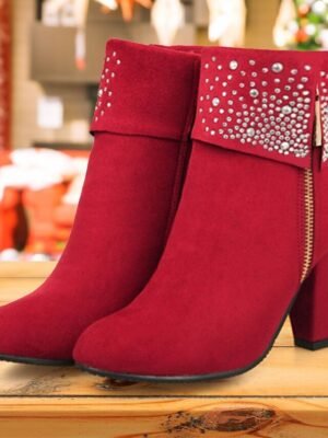 Festive Red Suede Rhinestone Embellished Ankle Boots with Block Heels - Image 1