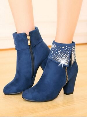 Festive Red Suede Rhinestone Embellished Ankle Boots with Block Heels - Image 6