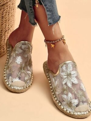 Floral Mesh Slip-On Embroidered Lace Summer Mules - Image 1