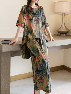 Flower Casual Loose Crew Neck Short Sleeve Loungewear Set - Image 3
