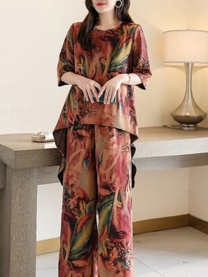Flower Casual Loose Crew Neck Short Sleeve Loungewear Set - Image 5