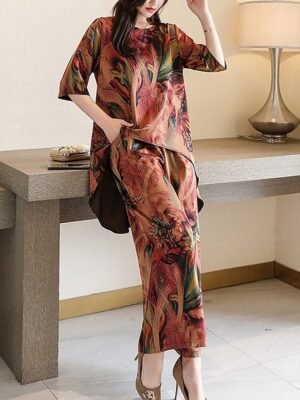 Flower Casual Loose Crew Neck Short Sleeve Loungewear Set - Image 7