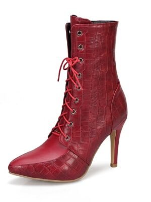 Formal Lace-Up Crocodile Pattern Pointed Toe Stiletto Ankle Boots - Image 7