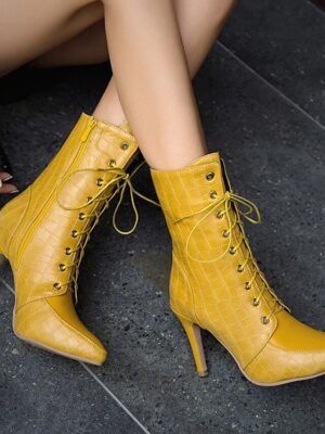 Formal Lace-Up Crocodile Pattern Pointed Toe Stiletto Ankle Boots - Image 9