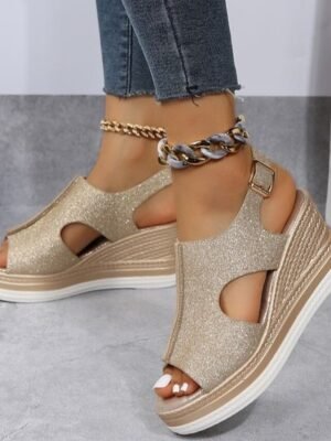 Glamorous Glitter Open-Toe Cut-Out Wedge Sandals - Image 1