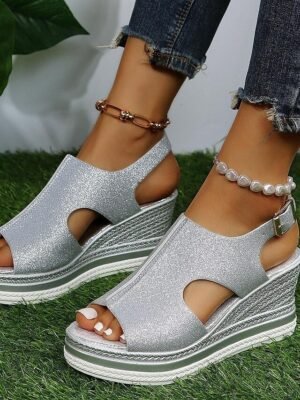 Glamorous Glitter Open-Toe Cut-Out Wedge Sandals - Image 9