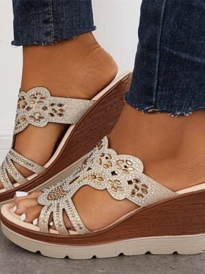 Glamorous Gold Rhinestone Cut-Out Wedge Sandals - Image 1