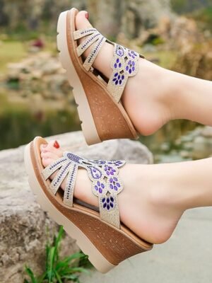 Glamorous Gold Rhinestone Cut-Out Wedge Sandals - Image 11