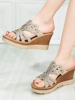 Glamorous Gold Rhinestone Cut-Out Wedge Sandals - Image 5