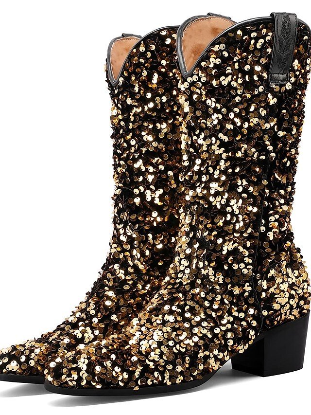 Glamorous Sparkly Gold Sequin Low Heel Cowboy Boots - Image 2