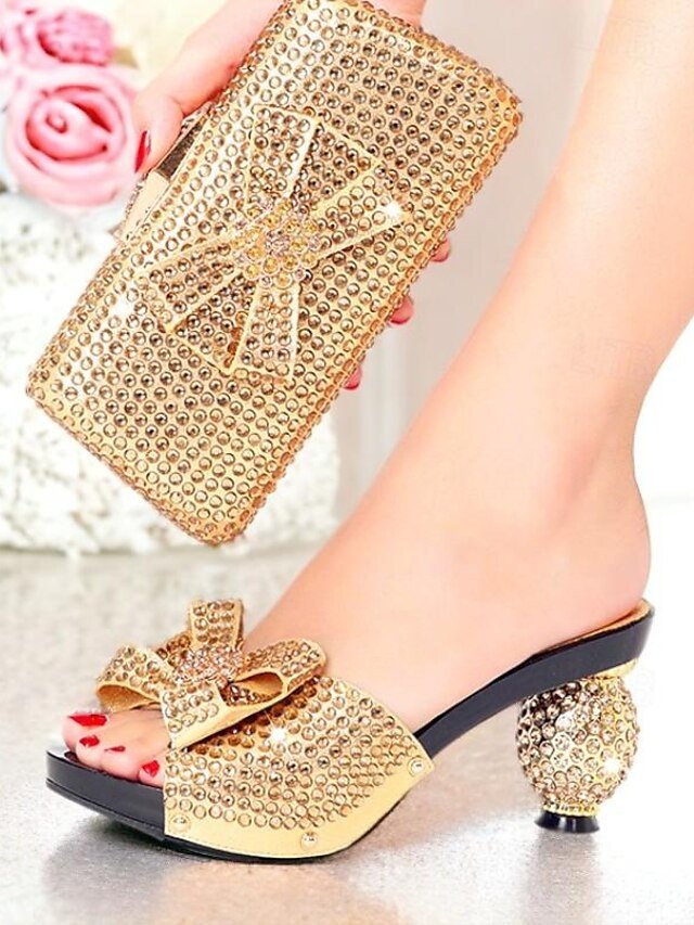 Gold Rhinestone Embellished Open-Toe Sandals with Matching Clutch Bag - Image 1