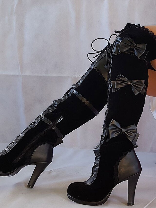 Gothic Over-the-Knee Lace-Up Black Velvet Boots - Image 1