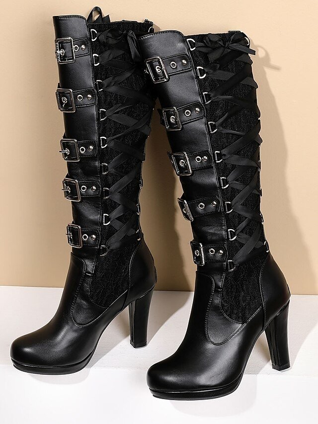 Gothic Over-the-Knee Lace-Up Black Velvet Boots - Image 2