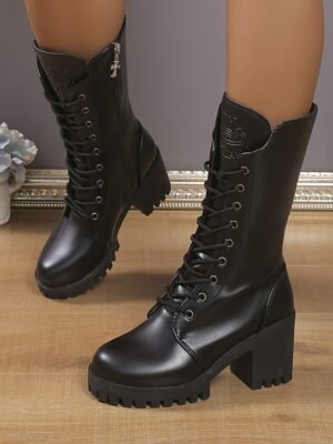 Gothic Punk Chunky Lace-Up High Heel Combat Boots - Image 3