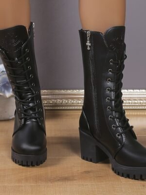Gothic Punk Chunky Lace-Up High Heel Combat Boots - Image 5