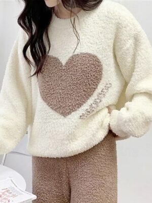 Home Loose Heart Crew Neck Long Sleeve Fleece Pajama Set - Image 3