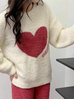 Home Loose Heart Crew Neck Long Sleeve Fleece Pajama Set - Image 6