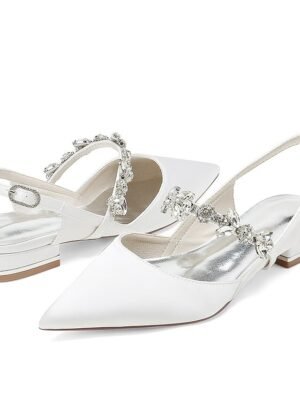 Luxurious Satin Crystal Ankle Strap Flat Heel Wedding Shoes - Image 15