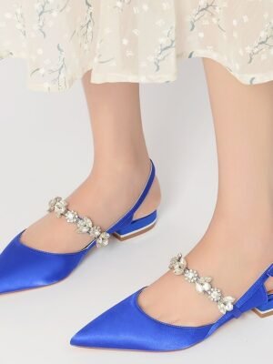 Luxurious Satin Crystal Ankle Strap Flat Heel Wedding Shoes - Image 16