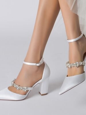 Luxurious Satin Rhinestone Chunky Heel Pointed Toe Ankle Strap Wedding Pumps - Image 1