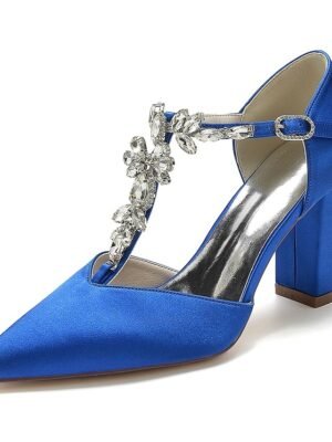 Luxurious Satin Rhinestone Chunky Heel Pointed Toe T-Strap Bridal Shoes - Image 10