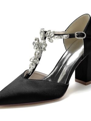 Luxurious Satin Rhinestone Chunky Heel Pointed Toe T-Strap Bridal Shoes - Image 11