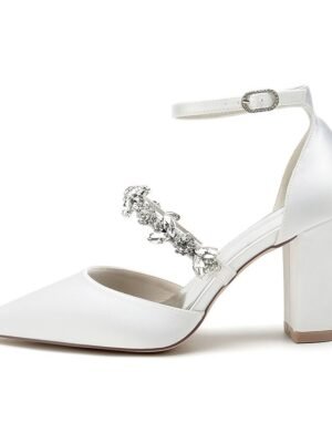 Luxurious Satin Rhinestone Chunky Heel Pointed Toe Ankle Strap Wedding Pumps - Image 11