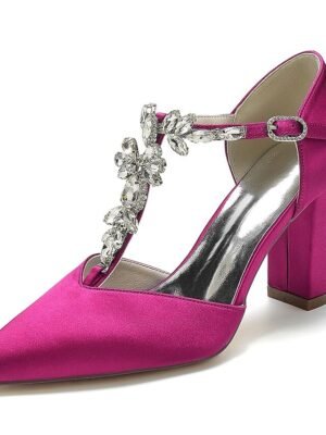 Luxurious Satin Rhinestone Chunky Heel Pointed Toe T-Strap Bridal Shoes - Image 13