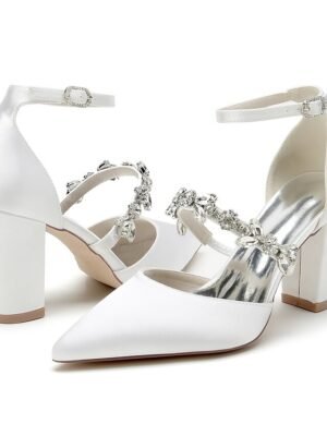 Luxurious Satin Rhinestone Chunky Heel Pointed Toe Ankle Strap Wedding Pumps - Image 13