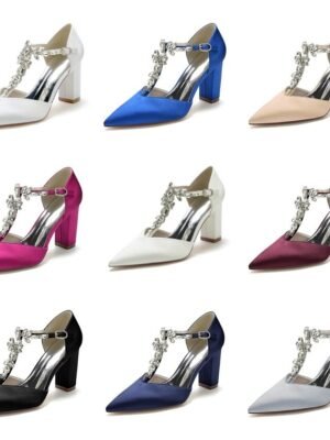 Luxurious Satin Rhinestone Chunky Heel Pointed Toe T-Strap Bridal Shoes - Image 14