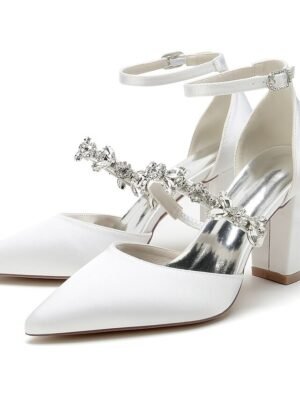 Luxurious Satin Rhinestone Chunky Heel Pointed Toe Ankle Strap Wedding Pumps - Image 14