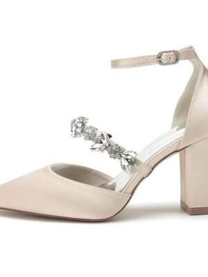 Luxurious Satin Rhinestone Chunky Heel Pointed Toe Ankle Strap Wedding Pumps - Image 15