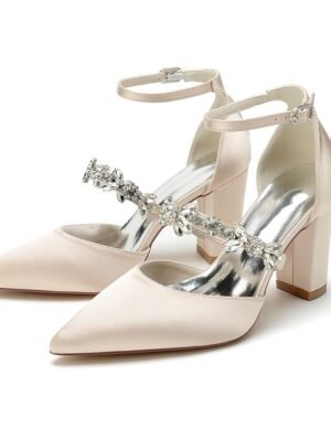 Luxurious Satin Rhinestone Chunky Heel Pointed Toe Ankle Strap Wedding Pumps - Image 17
